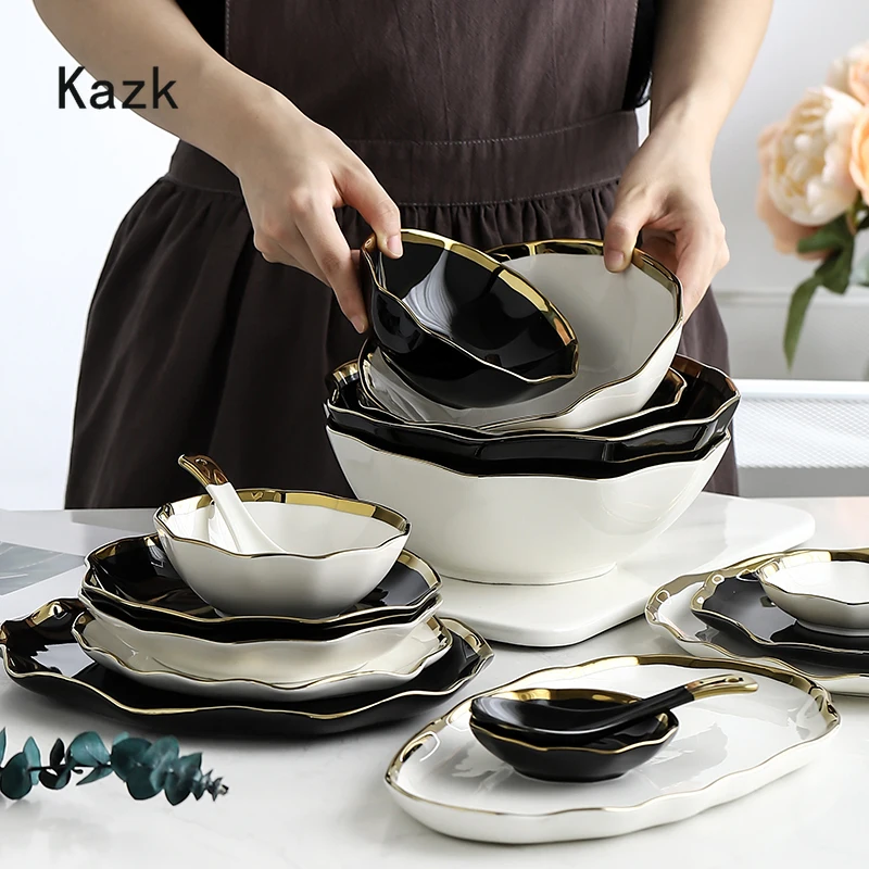 Piatto in ceramica Nordic Golden Stroke leggero di lusso nero bianco pasta bistecca piatti da pranzo piatti da dessert ciotole da zuppa stoviglie per la casa 5