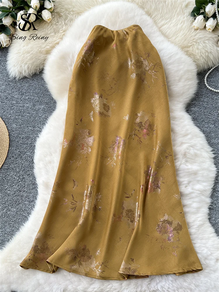 SINGREINY Gonna lunga da donna senior Stampa floreale in oro Design con cerniera Estate Francia Elegante gonna vintage Nozioni di base in raso A Line 3