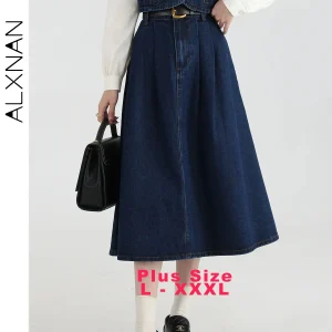 ALXNAN Gonna di jeans da donna taglie forti Lunga A-line lavata Midi Gonne a pieghe in cotone 2025 Autunno Abbigliamento femminile casual DM00116BSQ 1