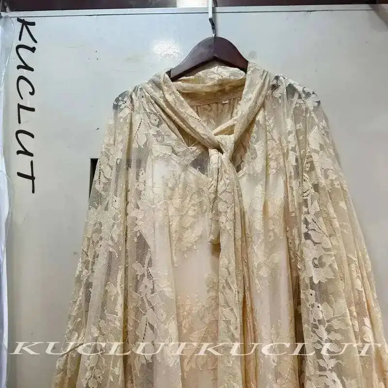 KUCLUT 2025 delle Donne di Modo Del Merletto Del Fiore Stampato Abiti Elegante di Colore Solido Manica Lunga a Metà Polpaccio Vestito Femminile Alla Moda Nuovo K123 2