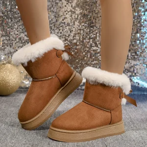 Nuovi stivali da neve eleganti con punta tonda e fiocco alla moda, piatti invernali, resistenti all'usura, morbidi, per studenti, più scarpe da donna calde in velluto 1