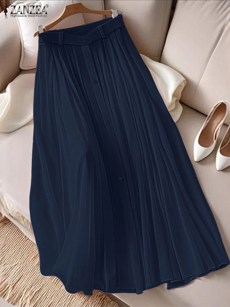 ZANZEA Moda Gonne Lunghe Donna Autunno Elastico Wais Jupes Casual Pieghettato Faldas Saia 2025 Elegante Colore Solido Partito Maxi Fondo 3