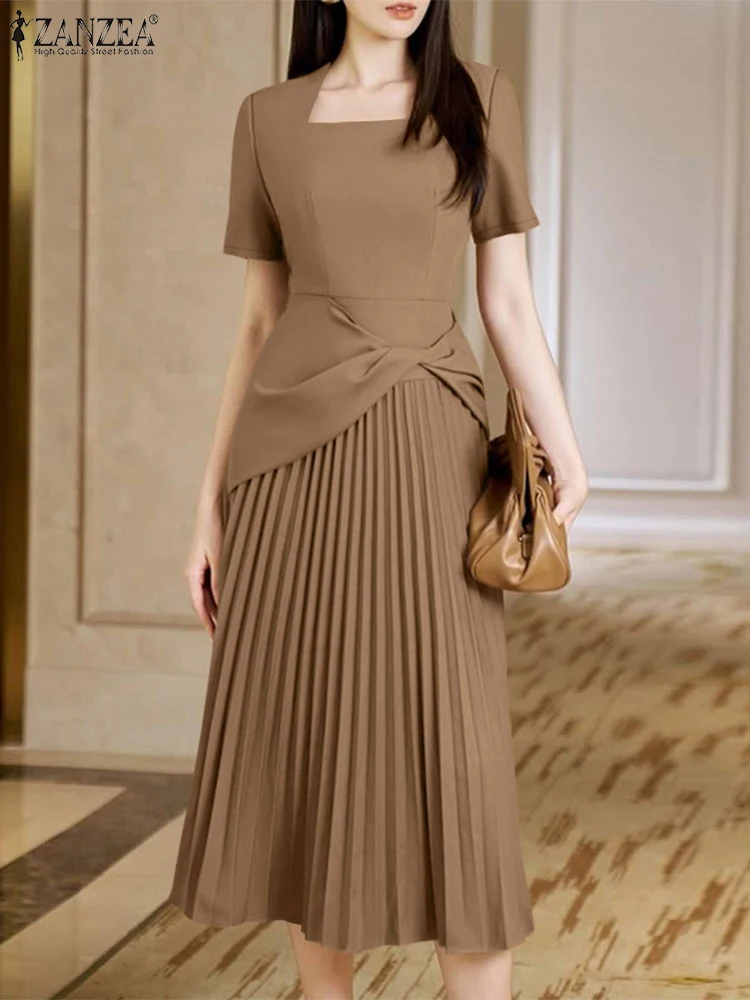 ZANZEA Abiti eleganti da lavoro per ufficio 2025 Abito estivo da donna Collo quadrato Vestito estivo da festa Moda Manica corta Abiti a pieghe Robe 3