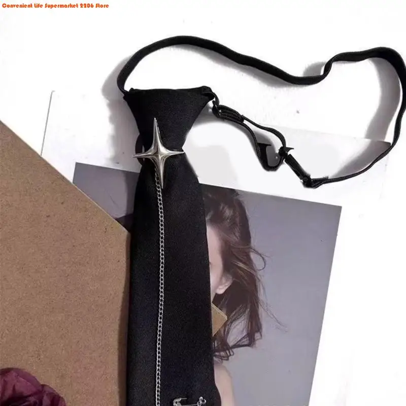 Cravatta unisex con croci punk e catena pre legata, cinturino regolabile, cravatta nera, per abiti uniformi universitarie giovanili 5