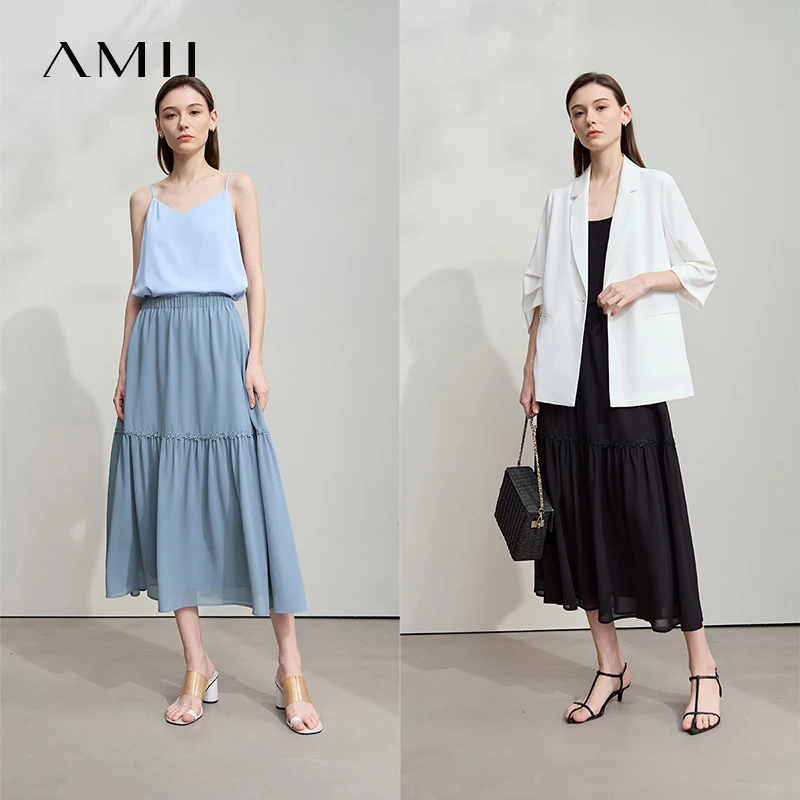 Amii Minimalista Allentato Sottile Gonna di Chiffon 2025 Estate Nuovo Ufficio Eleganza Pizzo A-Line Gonna Midi Gonna Nera Femminile 12542287 5