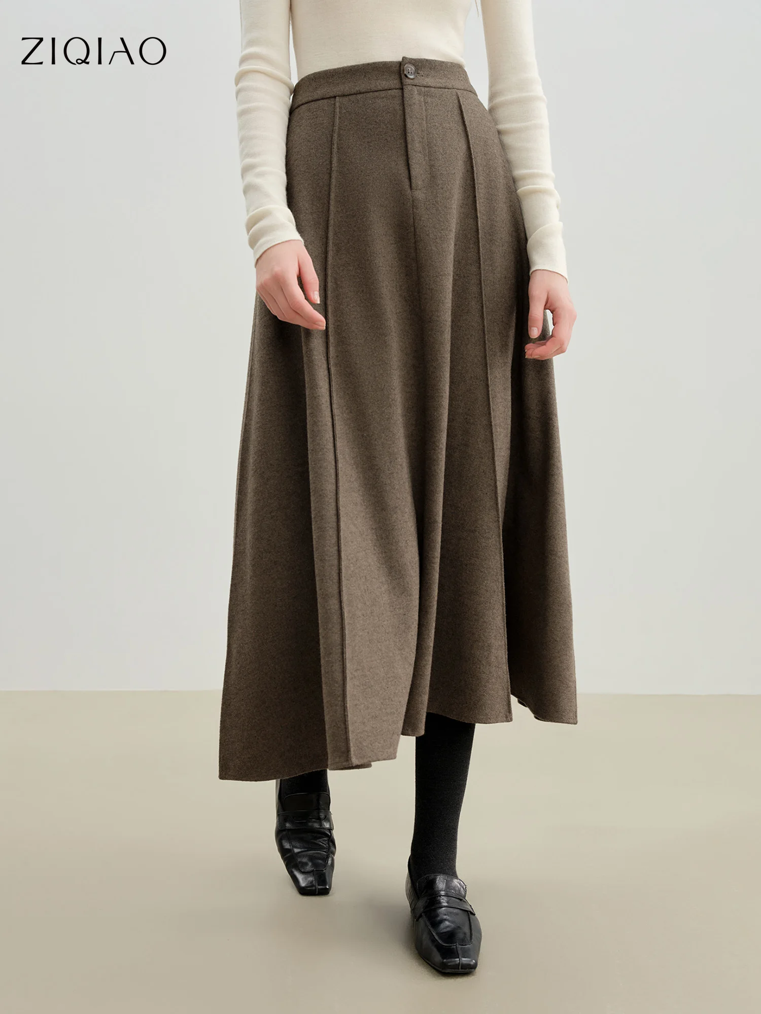 ZIQIAO 2025 Autunno Inverno Nuovo Arrivo Elegante 3D-Cucitura di Lana Drappeggio Svasato Gonna Stile Ombrello Elegante Mezza Lunghezza Gonne Sottili 1