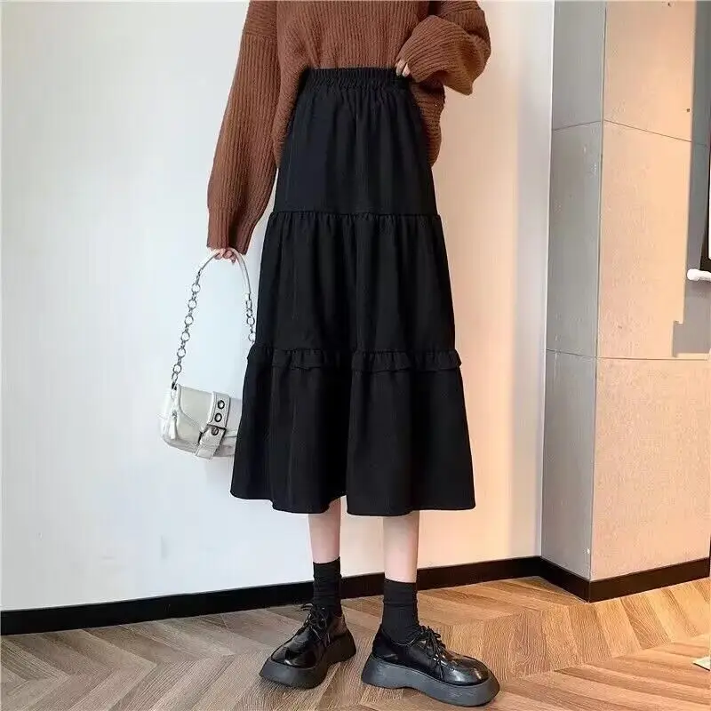 Autunno Inverno Nuova moda Elastico in vita Solido Abbigliamento donna Coreano Semplicità Tendenza Shirring Tendenza Dolce stile occidentale Gonne 4