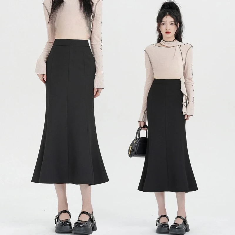 Gonne a coda di pesce avvolgenti da donna nere vintage a vita alta autunno 2025 Nuovo solido elegante tubino da ufficio A-line gonne a sirena femminile 3