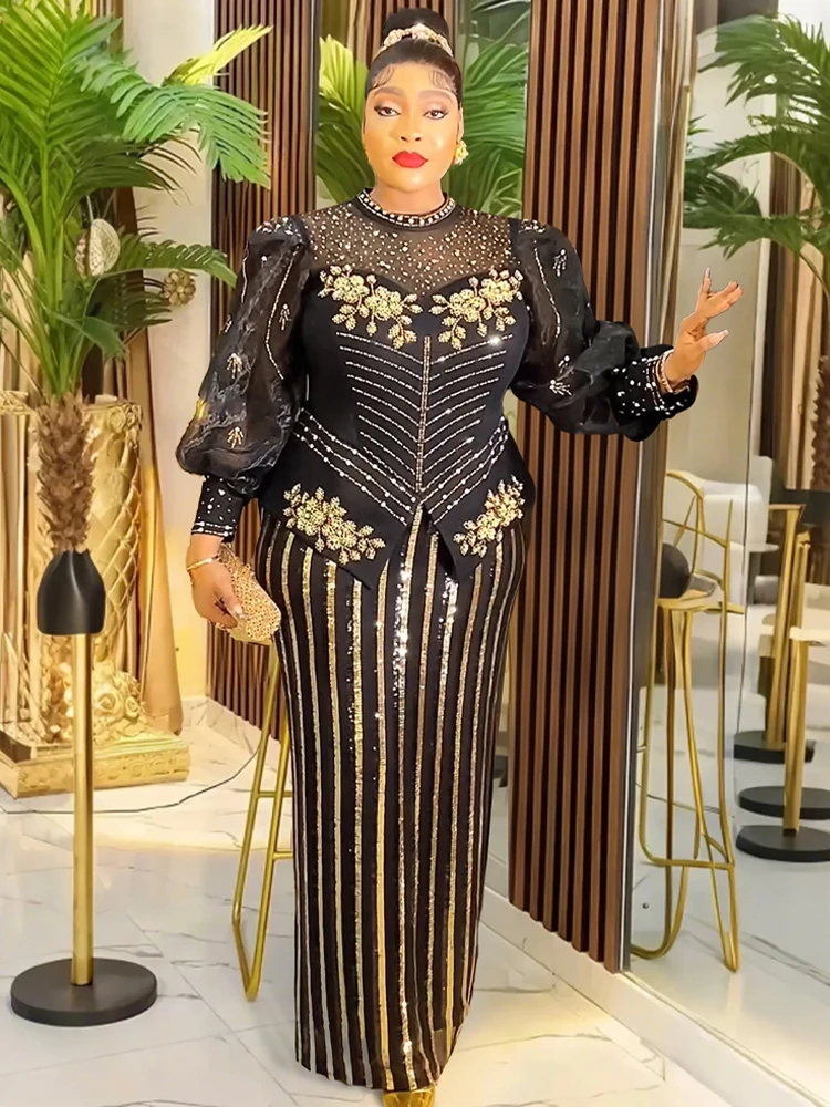 2025 Abiti da festa di lusso Donne eleganti Abito da sera da ballo di nozze Abito aderente a maniche lunghe Abito lungo con paillettes Dashiki africano 4