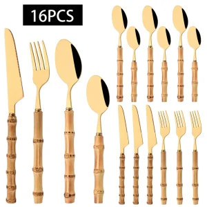 16 pezzi posate con manico in bambù naturale set di posate stoviglie in acciaio inossidabile posate da cucina include forchetta cucchiaio coltello stoviglie 1