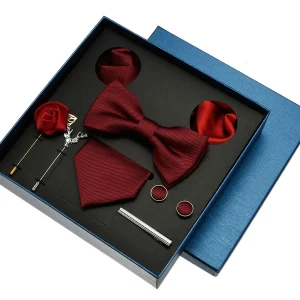 Cravatta da uomo cravatta di seta uomo papillon spille Hanky gemelli e fermacravatta per uomo accessori rosso bordeaux cravatta da sposa Set regalo 1
