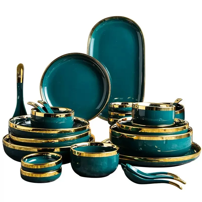 Il set di stoviglie in ceramica verde foresta di lusso include piatti poco profondi, ciotole per zuppa di riso, piatto e cucchiaio per pesci 5
