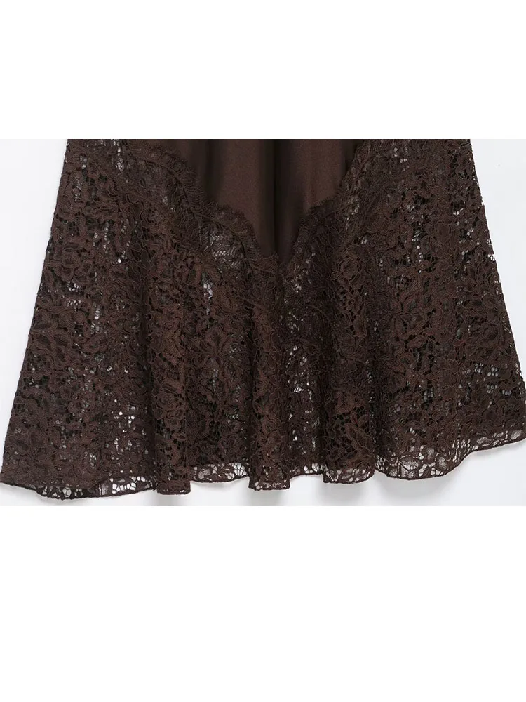 HH Gonna da donna in raso di seta di pizzo Moda con cerniera pieghettata Orlo con spacco Decorazione Gonna lunga marrone Gonna sottile da banchetto elegante femminile 5