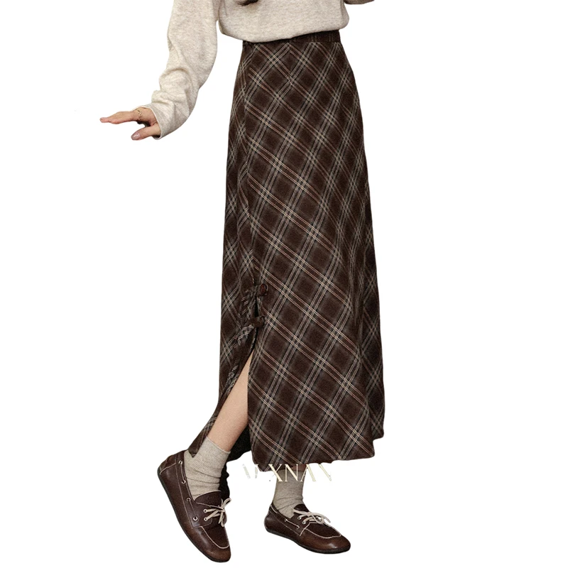 ALXNAN Gonna scozzese marrone Donna Vintage Elegante Chic con bottoni Gonne lunghe con spacco 2025 Autunno Nuovo Office Lady Abbigliamento femminile L57033 6