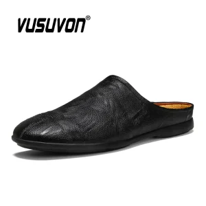 Mezze scarpe da uomo nere in vera pelle di mucca muli mocassini moda Casual pantofole di lusso traspiranti estive 2023 1