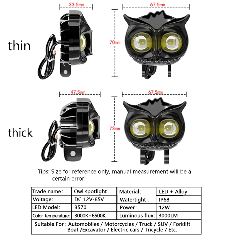 Faro principale per motocicli Faretto per auto Dual Color Gufo Fendinebbia per auto Scooter Lampada ausiliaria Accessori per moto Luci 6