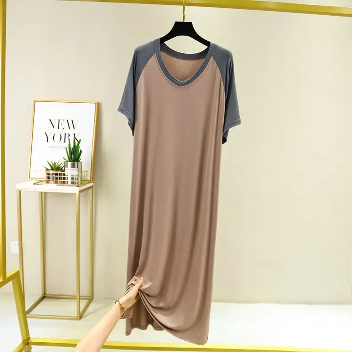 Estate plus size modale spalla allentata inserto color block manica corta abito premaman spacco laterale scollo a V gonna vestiti per la casa 3