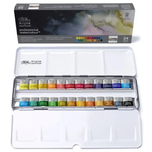Winsor & Newton Artist Professional acquerello scatola di metallo leggera 24 mezze padelle Set di tasche per campo colorato pennello per tavolozza ad acquerello 1