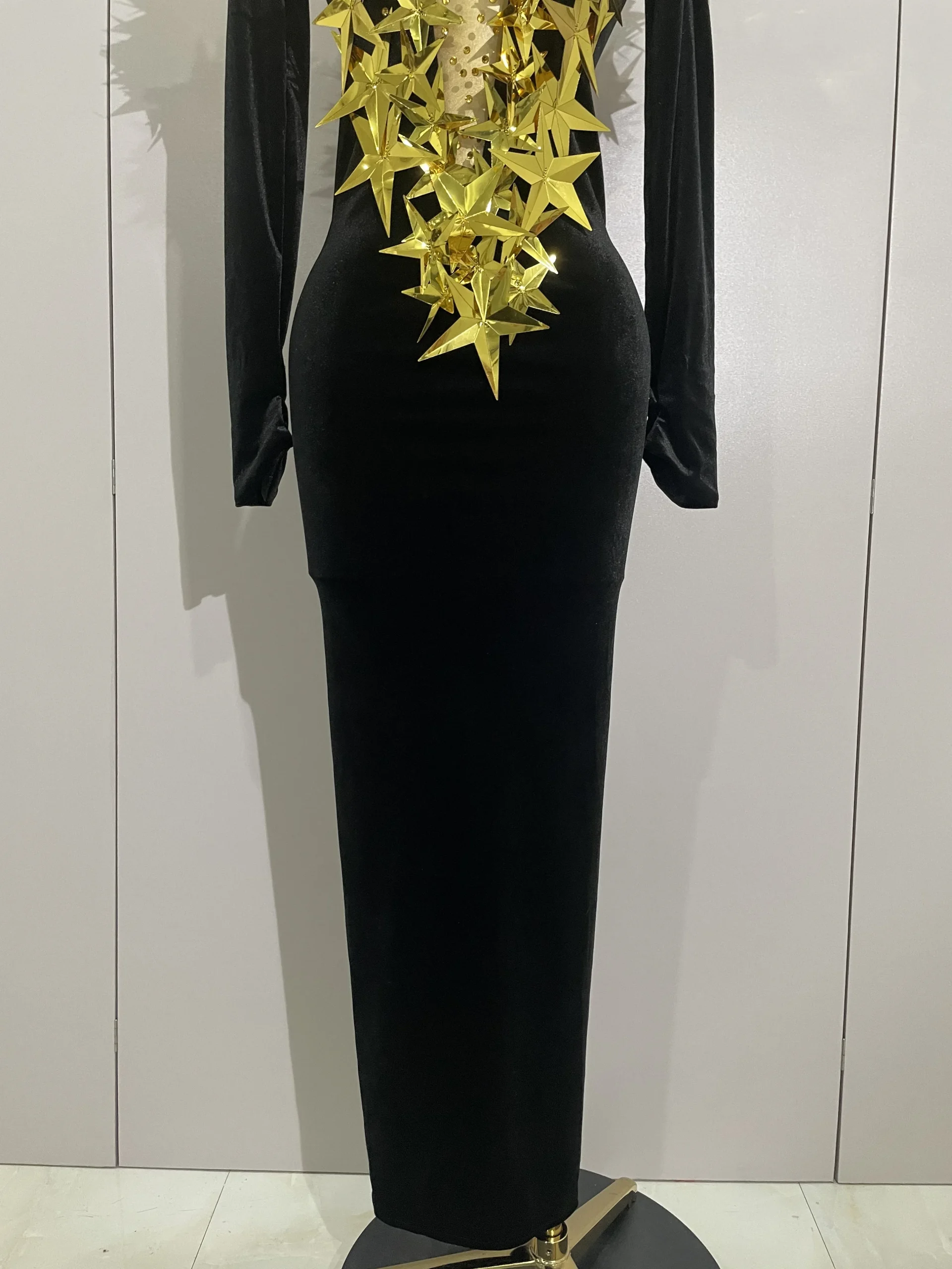 2025 Nuovo Shiny Gold Star Strass Velluto Abito lungo da donna Sera Festa di compleanno Club Gala Hosts NightClub Bar Costumi di scena 6