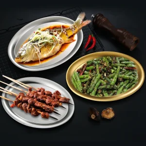 Piatto da pesce ovale piatto in acciaio inossidabile 304 Barbecue Vassoio dorato Hosehold Piatti per alimenti a vapore Tavolo da pranzo Servizio Padella da cucina 1