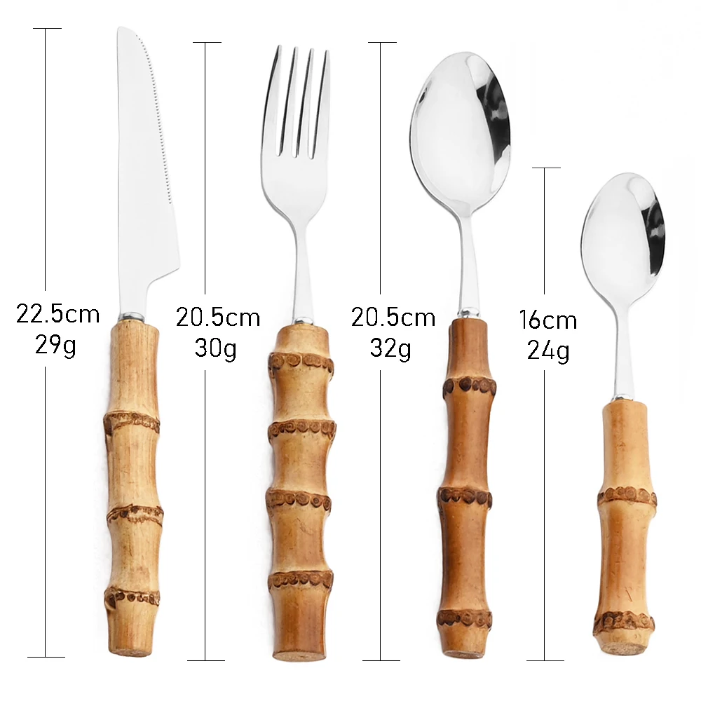 4/16/24/32 pezzi creativo manico in bambù naturale set di stoviglie set di stoviglie in acciaio inossidabile coltello da cucina forchetta cucchiaio set di posate 2