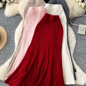 SINGREINY Gonna a sirena lavorata a maglia francese femminile Autunno elasticizzato a vita alta in maglia a costine Gonna lunga invernale spessa e versatile di base 1