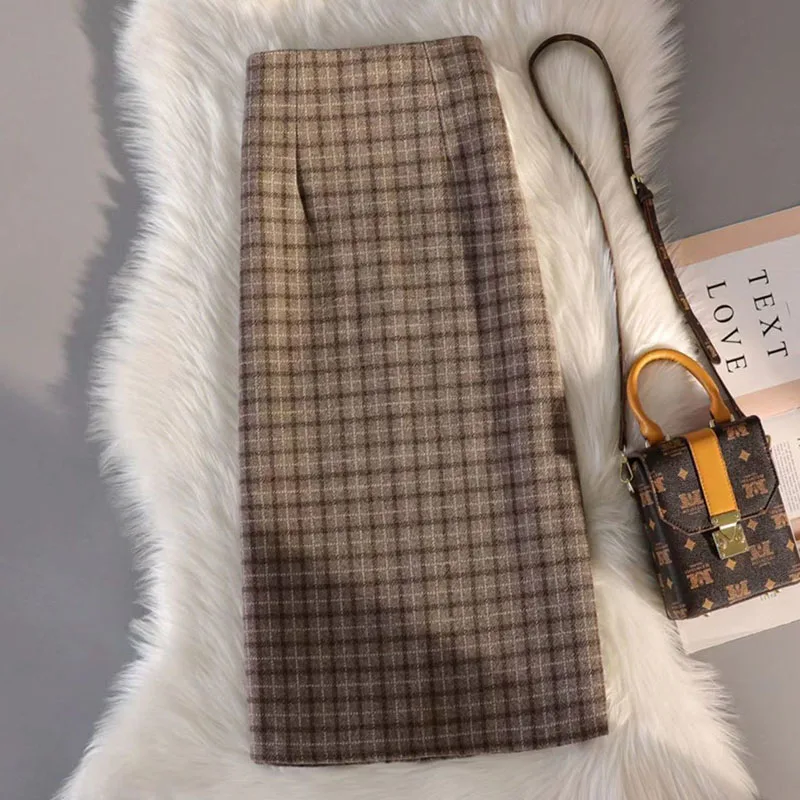 Gonna di lana ispessita autunno inverno per donna Gonne scozzesi vintage divise a vita alta Gonna lunga elegante con cerniera a trapezio femminile 4