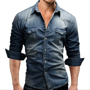 Abbigliamento moda autunno da uomo camicie con risvolto a maniche lunghe moda Casual camicia lavata in Denim tinta unita top da uomo 1