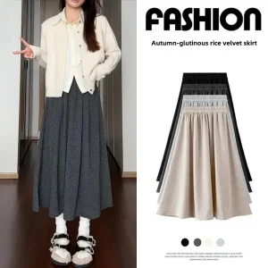 Gonna in maglia snellente a vita alta grigia per le donne 2024 Primavera Autunno Nuovo stile A-Line Gonna ombrello di media lunghezza 1