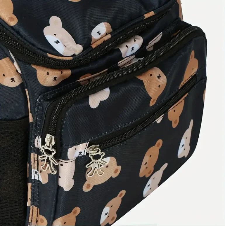 Spaziosa borsa per pannolini grande, borsa per pannolini beige di alta qualità con stampa di orsi carini | Borsa genitore a spalla e a tracolla per bottiglie, 2