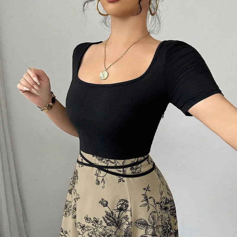 Abito da spiaggia per le vacanze da donna in abito lungo estivo a maniche corte slim in colore a contrasto 3