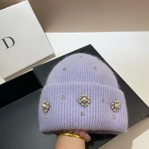 Berretti in pelliccia di coniglio con strass perlati Cappello invernale soffice per donna Angora Cappello lavorato a maglia morbido e caldo Berretti Berretto lavorato a maglia con cofano femminile 1