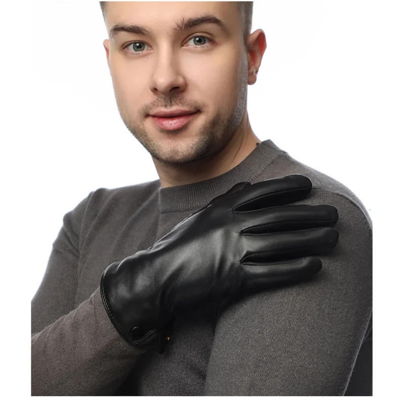 Guanti in pelle da uomo invernali in vera pelle di pecora foderati in velluto con dita intere touchscreen guanti da moto da guida per ciclismo all'aperto 4