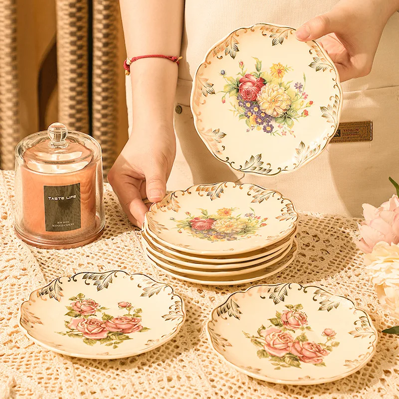 Piatti in ceramica dipinta con rosa beige, ciotole per zuppa, ciotole per riso, piatti da dessert, piatti, utensili da cucina, tavoli per ristoranti 3