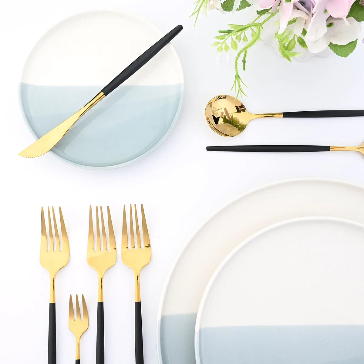 JANKNG 24Pcs Set di posate Set di posate in acciaio inossidabile stoviglie da cucina coltello forchetta cucchiaio posate argento nero oro per 6 4