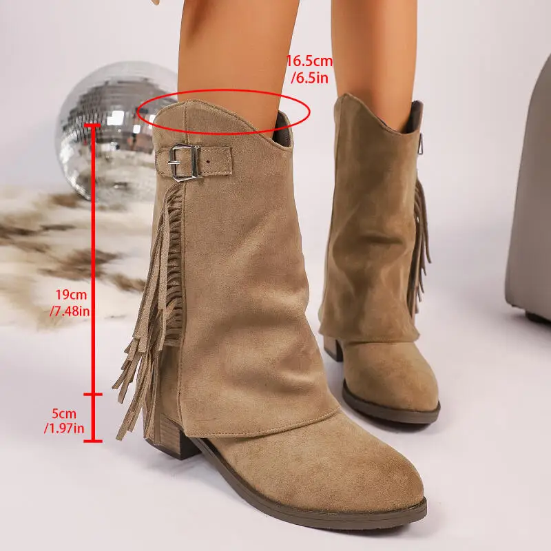 Stivali da cowboy occidentali con tacco alto spesso con nappa vintage Donna 2025 Stivali invernali a metà polpaccio in pelle scamosciata con fibbia in metallo Stivali lunghi da donna 2