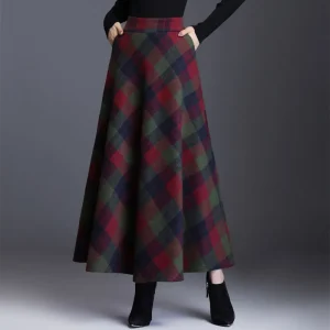 Plaid Vita alta Gonne Lunghe Per Le Donne Autunno Inverno Elegante Coreano di Modo Maxi Pannello Esterno Mamma Più Il Formato 3xlcasual Allentato gonna di lana 1