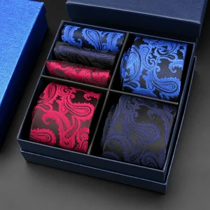 Cravatta Set fazzoletto bordeaux Paisley Cravatta da sposa per uomo Cravatta Set fazzoletto a righe blu per confezione regalo 3 pezzi Abito da lavoro quotidiano 1