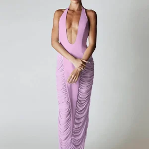 Mozision Halter profondo scollo a V maxi abito sexy abito da donna viola moda patchwork maglia a vita alta increspato club abito lungo femminile 1