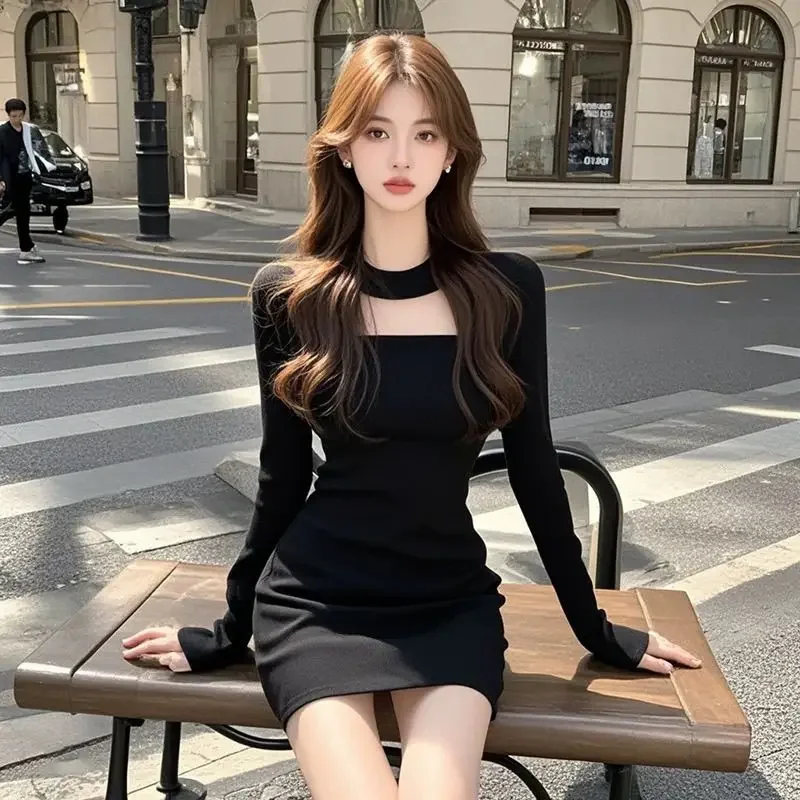 Abito elegante a maniche lunghe con colletto quadrato stile donna Design unico da donna Minigonna in vita snellente Manica intera in fibra di poliestere 2