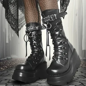 Brand New Ladies Goth Stivali con plateau Moda Rivetto Fibbia Punk Zeppe Tacchi alti Stivali da donna Party Street Cosplay Scarpe da donna 1