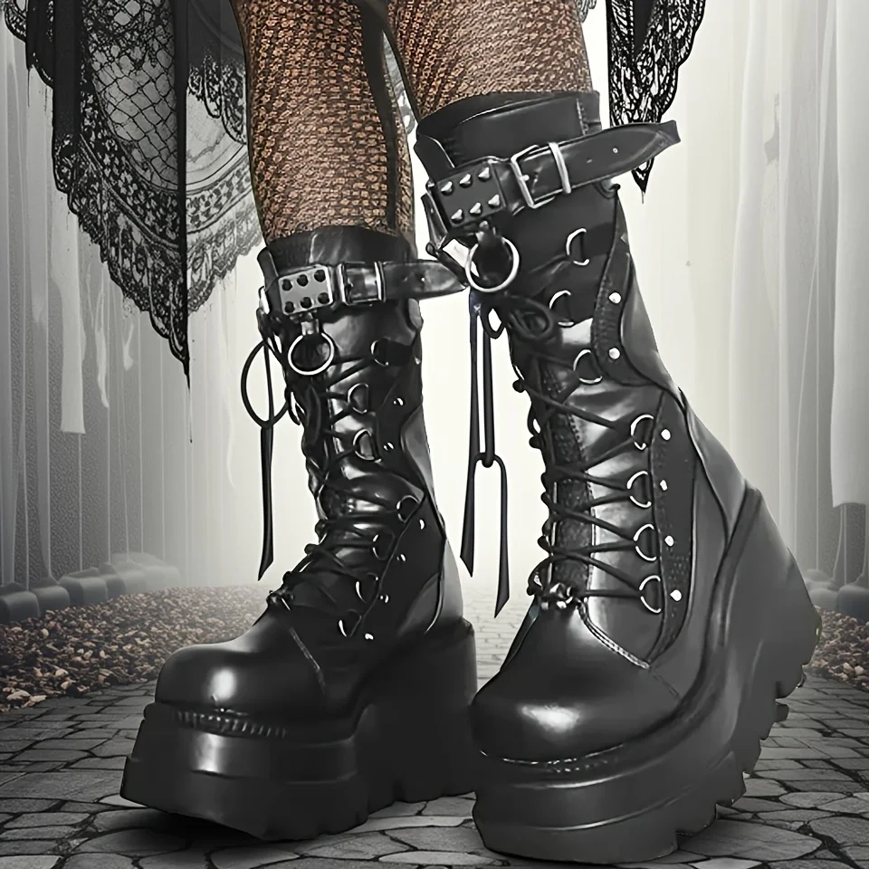 Brand New Ladies Goth Stivali con plateau Moda Rivetto Fibbia Punk Zeppe Tacchi alti Stivali da donna Party Street Cosplay Scarpe da donna 1