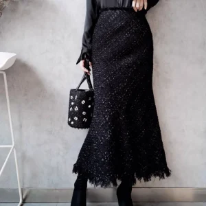 Gonne di tweed nere gonne lunghe da donna primaverili e autunnali Gonna classica da donna in un unico pezzo a vita alta con borsa retrò 1