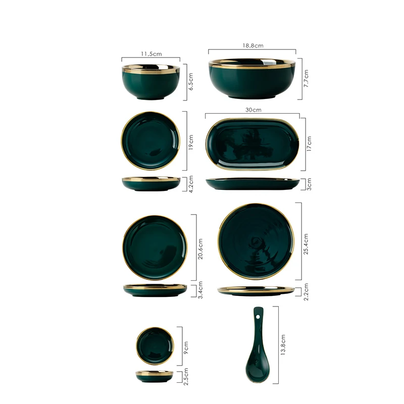 Set di posate Creative verde scuro Set di piatti in ceramica placcati in oro piatti da cucina ciotole di riso piatto in porcellana utensili da cucina nuovo 6