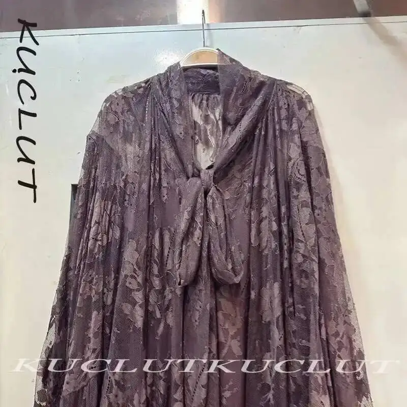 KUCLUT 2025 delle Donne di Modo Del Merletto Del Fiore Stampato Abiti Elegante di Colore Solido Manica Lunga a Metà Polpaccio Vestito Femminile Alla Moda Nuovo K123 5