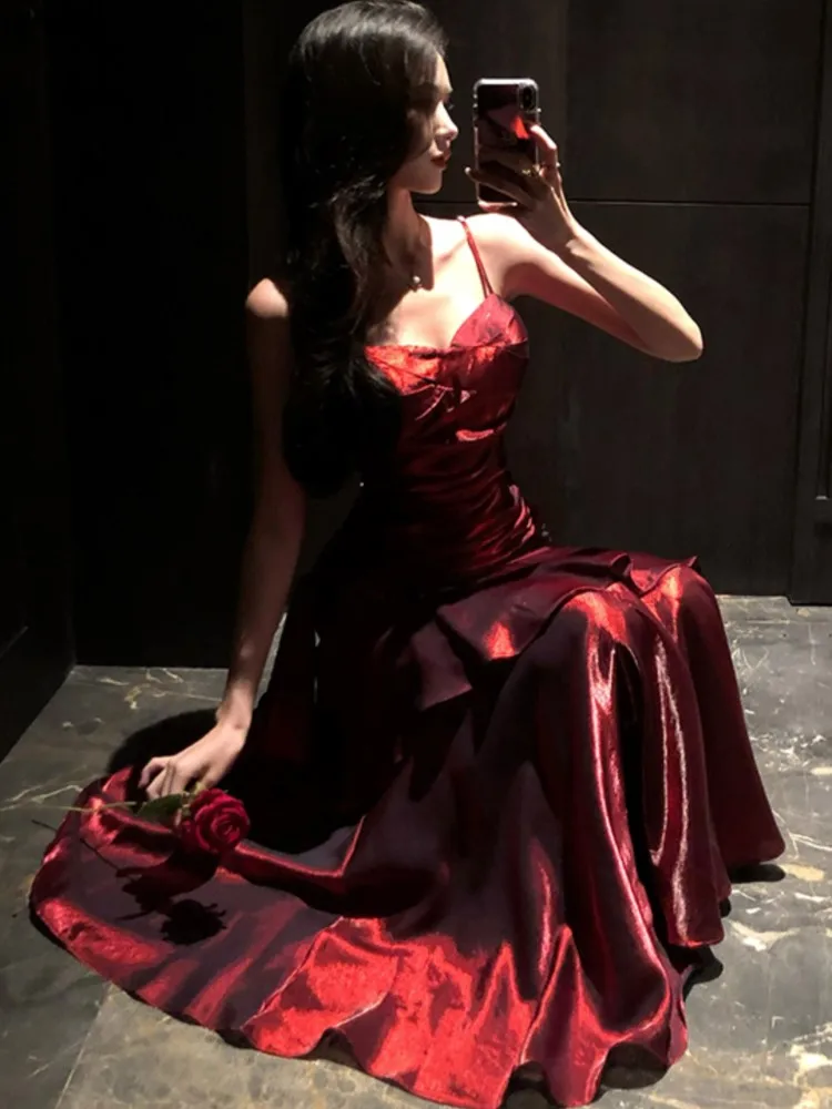 Abito da festa di compleanno con volant estivo da donna Abiti da sera senza maniche con cinturino per spaghetti sexy Abiti da ballo sottili femminili Abito lungo 3