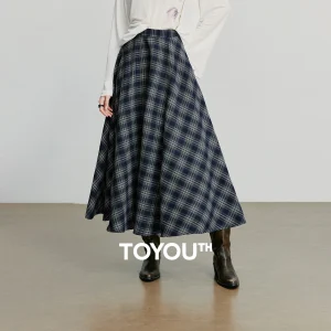 Gonna da donna TOYOUTH 2025 Autunno nuovo plaid elastico in vita una linea gonna alla caviglia blu navy 1