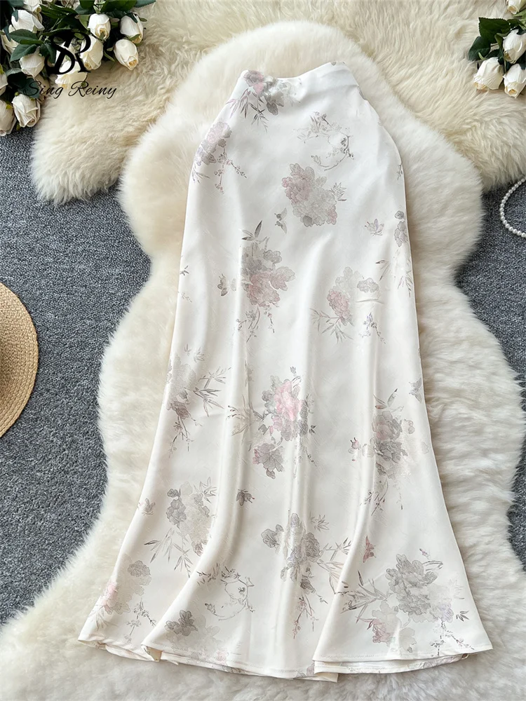 SINGREINY Gonna lunga da donna senior Stampa floreale in oro Design con cerniera Estate Francia Elegante gonna vintage Nozioni di base in raso A Line 2