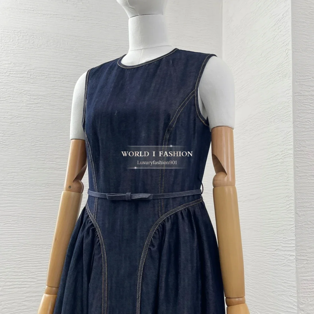 Vacanze autunnali Nuove donne eleganti Abiti da donna Blu navy Jeans denim Abito longuette senza maniche per l'uso quotidiano 6