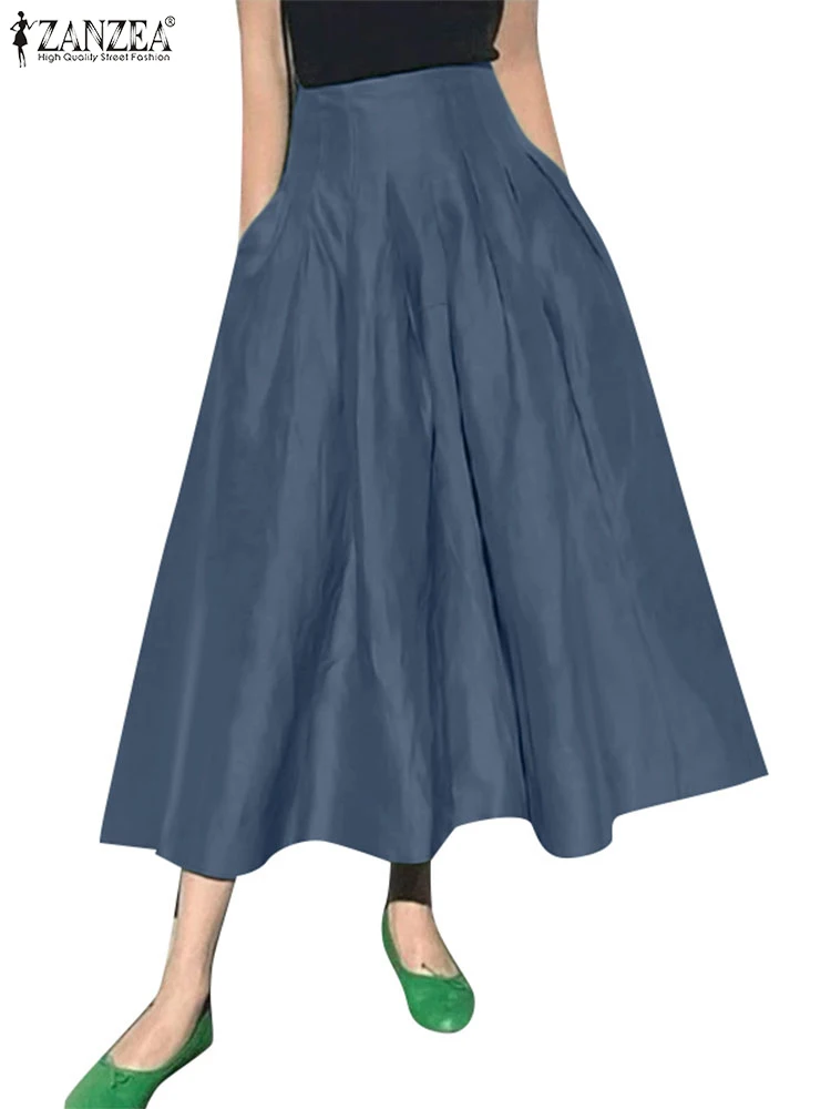 ZANZEA Vacanza di Modo Faldas Mujer Casual Donne di Colore Solido A Vita Alta Jupe Femmes Elegante Pendolarismo A Pieghe Frontale Midi Gonne 3